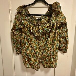 J. Crew Floral Elephant Ethnic Print Ruffle Off the Shoulder Top
